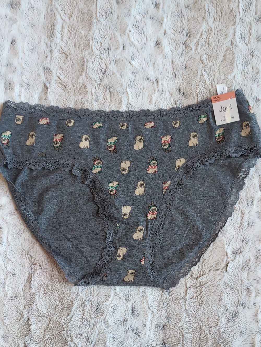 Festive Holiday Pug Lace Trim Hipster Panty